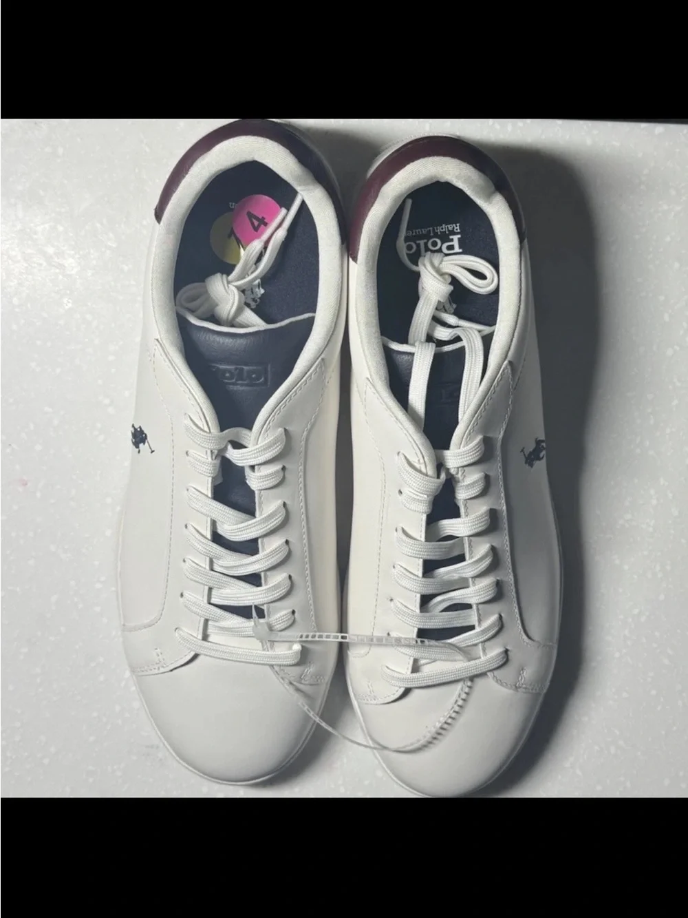 Polo by Ralph Lauren White Leather Sneakers with Burgundy Heel Accent